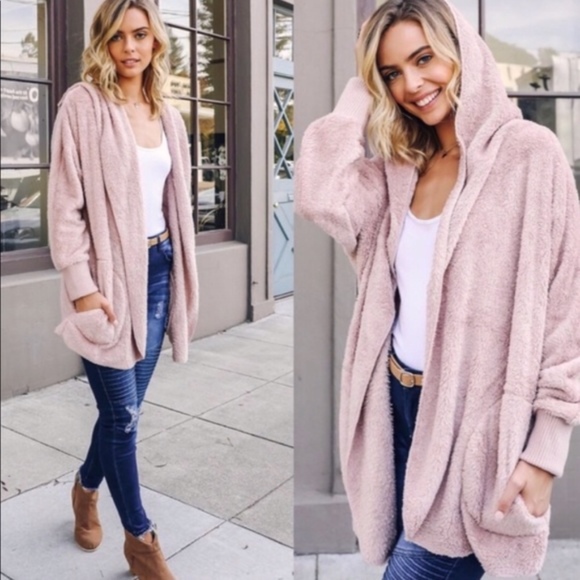 Teddy vegan fur pocket fall Softest Hoodie  -mauve - Picture 3 of 3